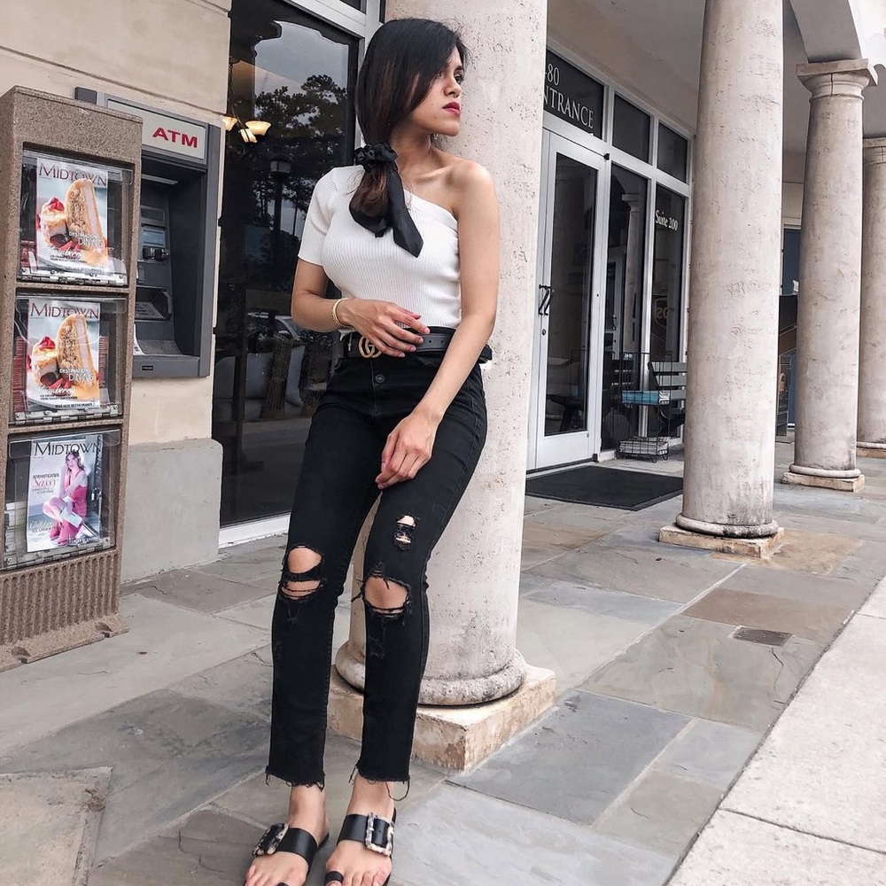 White one shoulder ribbed top